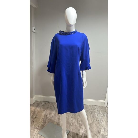 Teri Jon Blue Tulip Sleeve Crepe Cocktail Dress Size 16 - Picture 7 of 12